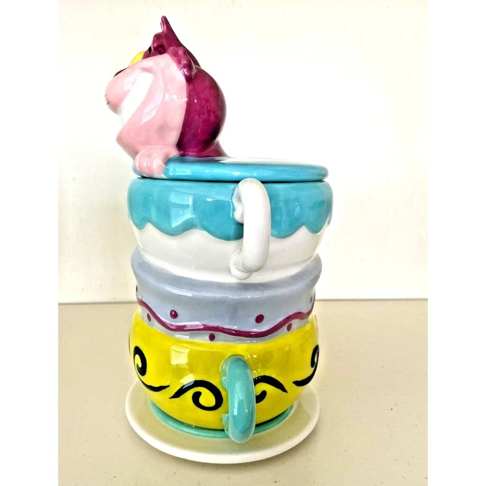 Disney Alice in Wonderland Cheshire Cat Cookie Jar Stacked Teacups NEW NWT